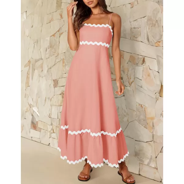 imageZESICA Womens 2024 Summer Spaghetti Straps Sleeveless Backless Sundress Flowy Smocked Lace Swing A Line Midi DressCoral Pink