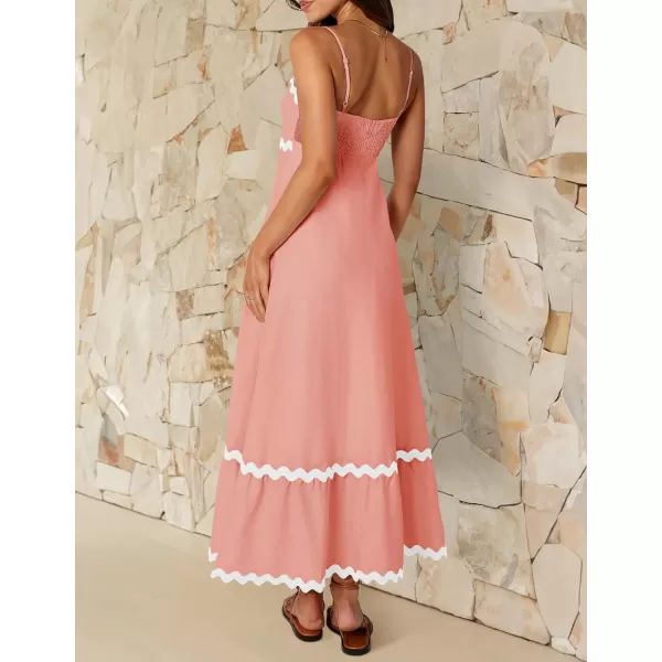 imageZESICA Womens 2024 Summer Spaghetti Straps Sleeveless Backless Sundress Flowy Smocked Lace Swing A Line Midi DressCoral Pink