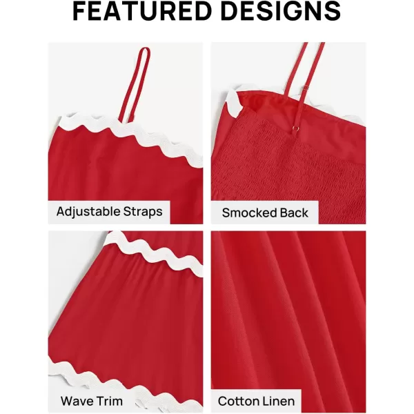 imageZESICA Womens 2024 Summer Spaghetti Straps Sleeveless Backless Sundress Flowy Smocked Lace Swing A Line Midi DressRed