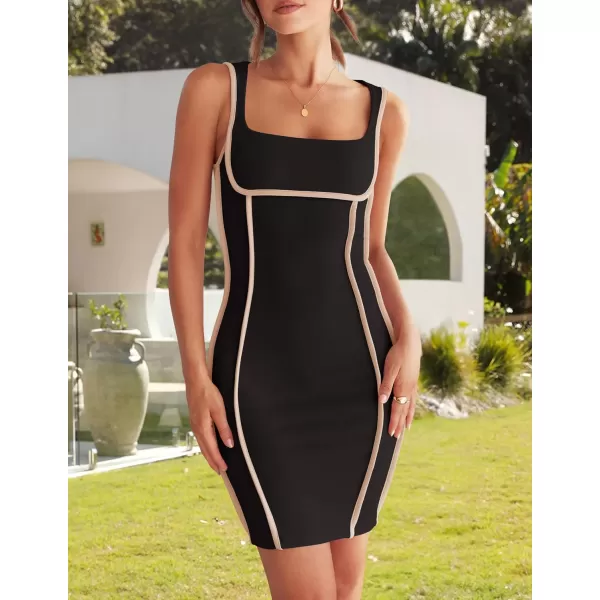 imageZESICA Womens 2024 Summer Square Neck Bodycon Dresses Sexy Sleeveless Color Block Party Club Tank Mini DressBlack