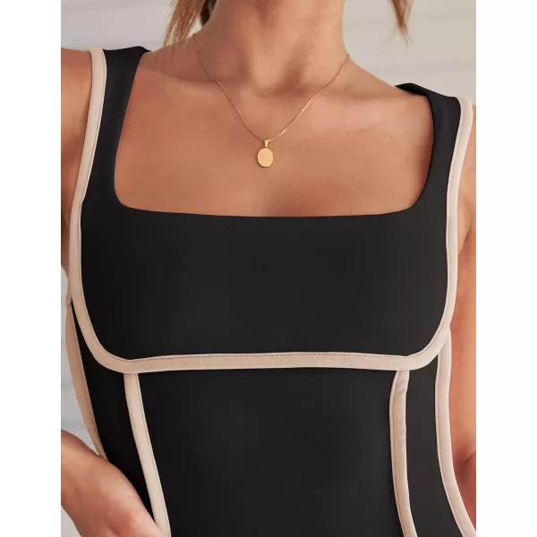 imageZESICA Womens 2024 Summer Square Neck Bodycon Dresses Sexy Sleeveless Color Block Party Club Tank Mini DressBlack