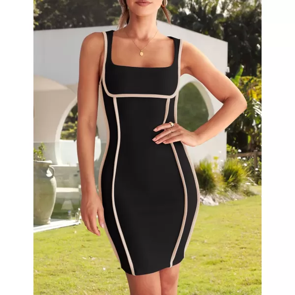 imageZESICA Womens 2024 Summer Square Neck Bodycon Dresses Sexy Sleeveless Color Block Party Club Tank Mini DressBlack