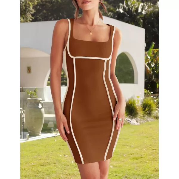 imageZESICA Womens 2024 Summer Square Neck Bodycon Dresses Sexy Sleeveless Color Block Party Club Tank Mini DressCoffee