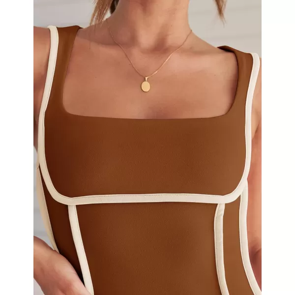 imageZESICA Womens 2024 Summer Square Neck Bodycon Dresses Sexy Sleeveless Color Block Party Club Tank Mini DressCoffee