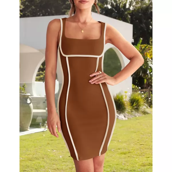 imageZESICA Womens 2024 Summer Square Neck Bodycon Dresses Sexy Sleeveless Color Block Party Club Tank Mini DressCoffee