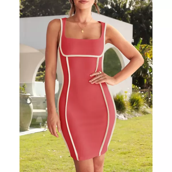 imageZESICA Womens 2024 Summer Square Neck Bodycon Dresses Sexy Sleeveless Color Block Party Club Tank Mini DressCoralred
