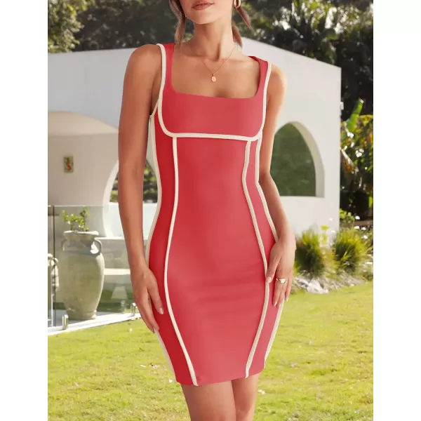 imageZESICA Womens 2024 Summer Square Neck Bodycon Dresses Sexy Sleeveless Color Block Party Club Tank Mini DressCoralred