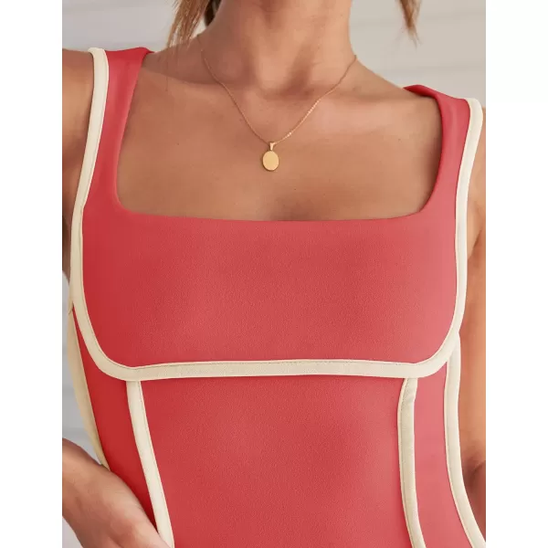 imageZESICA Womens 2024 Summer Square Neck Bodycon Dresses Sexy Sleeveless Color Block Party Club Tank Mini DressCoralred