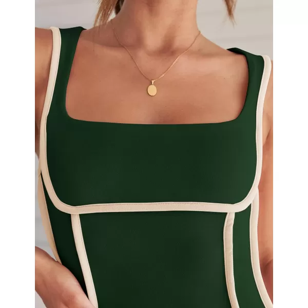 imageZESICA Womens 2024 Summer Square Neck Bodycon Dresses Sexy Sleeveless Color Block Party Club Tank Mini DressDarkgreen