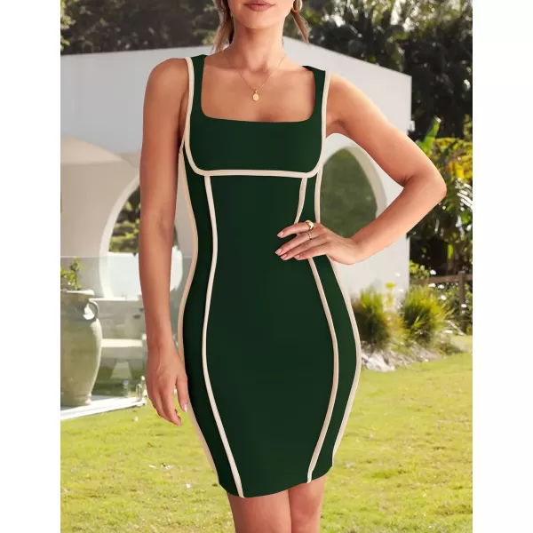 imageZESICA Womens 2024 Summer Square Neck Bodycon Dresses Sexy Sleeveless Color Block Party Club Tank Mini DressDarkgreen
