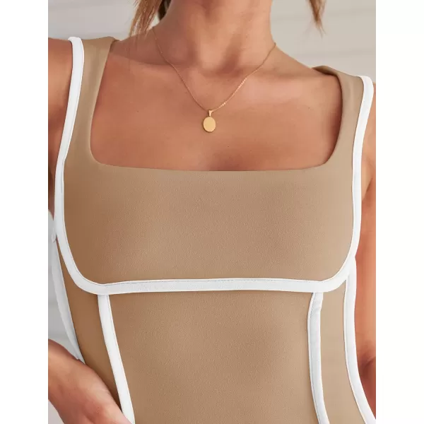imageZESICA Womens 2024 Summer Square Neck Bodycon Dresses Sexy Sleeveless Color Block Party Club Tank Mini DressKhaki