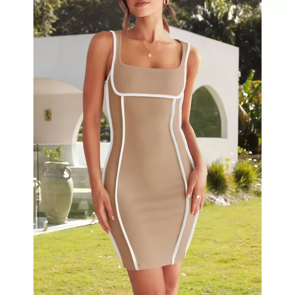 imageZESICA Womens 2024 Summer Square Neck Bodycon Dresses Sexy Sleeveless Color Block Party Club Tank Mini DressKhaki