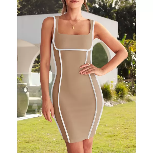 imageZESICA Womens 2024 Summer Square Neck Bodycon Dresses Sexy Sleeveless Color Block Party Club Tank Mini DressKhaki