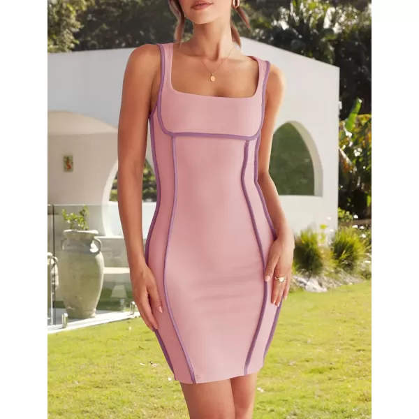 imageZESICA Womens 2024 Summer Square Neck Bodycon Dresses Sexy Sleeveless Color Block Party Club Tank Mini DressPink