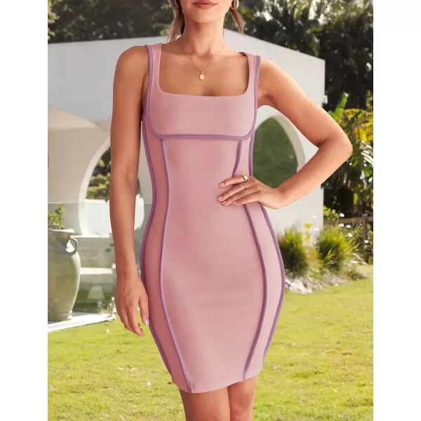 imageZESICA Womens 2024 Summer Square Neck Bodycon Dresses Sexy Sleeveless Color Block Party Club Tank Mini DressPink