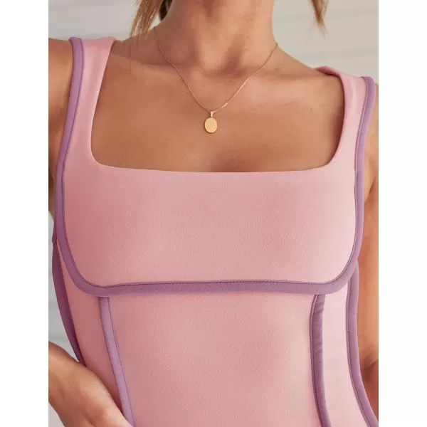 imageZESICA Womens 2024 Summer Square Neck Bodycon Dresses Sexy Sleeveless Color Block Party Club Tank Mini DressPink