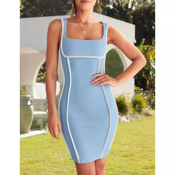 imageZESICA Womens 2024 Summer Square Neck Bodycon Dresses Sexy Sleeveless Color Block Party Club Tank Mini DressSky
