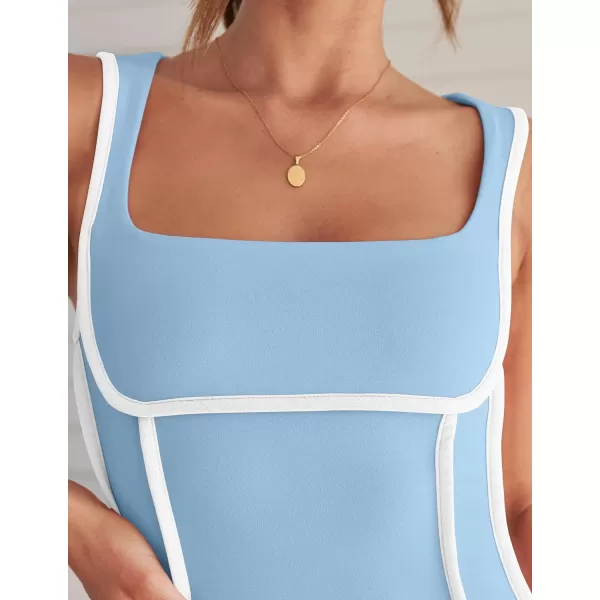 imageZESICA Womens 2024 Summer Square Neck Bodycon Dresses Sexy Sleeveless Color Block Party Club Tank Mini DressSky