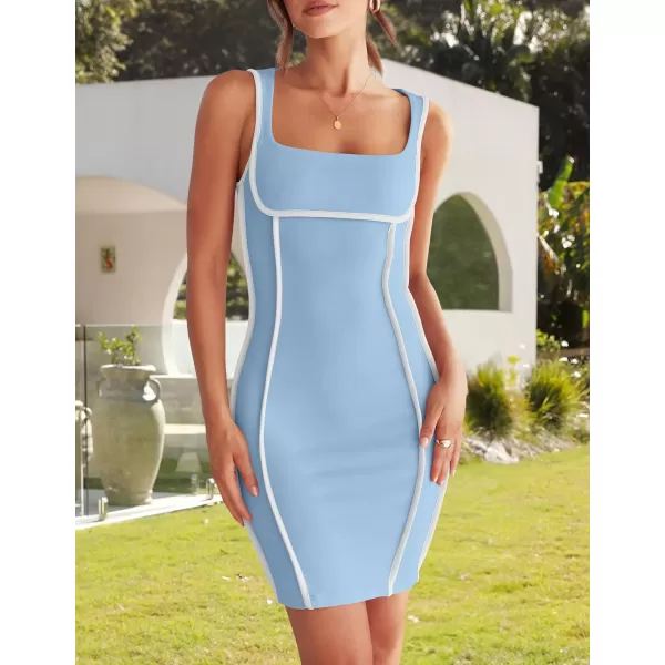 imageZESICA Womens 2024 Summer Square Neck Bodycon Dresses Sexy Sleeveless Color Block Party Club Tank Mini DressSky