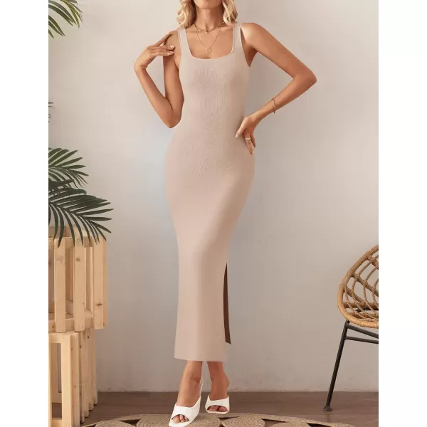 imageZESICA Womens 2024 Summer Square Neck Bodycon Midi Dresses Spring Casual Sleeveless Side Slit Knit Sweater DressApricot