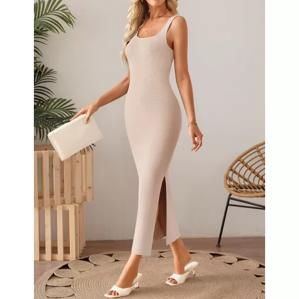imageZESICA Womens 2024 Summer Square Neck Bodycon Midi Dresses Spring Casual Sleeveless Side Slit Knit Sweater DressApricot