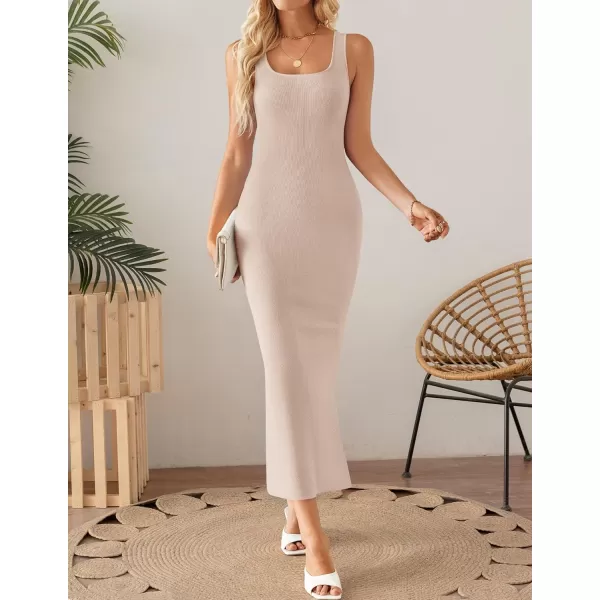 imageZESICA Womens 2024 Summer Square Neck Bodycon Midi Dresses Spring Casual Sleeveless Side Slit Knit Sweater DressApricot