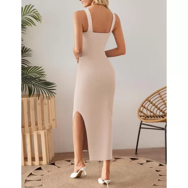 imageZESICA Womens 2024 Summer Square Neck Bodycon Midi Dresses Spring Casual Sleeveless Side Slit Knit Sweater DressApricot