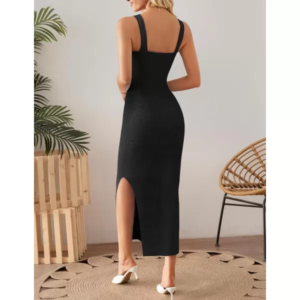 imageZESICA Womens 2024 Summer Square Neck Bodycon Midi Dresses Spring Casual Sleeveless Side Slit Knit Sweater DressBlack