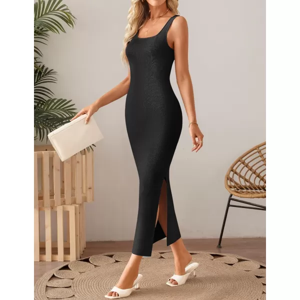 imageZESICA Womens 2024 Summer Square Neck Bodycon Midi Dresses Spring Casual Sleeveless Side Slit Knit Sweater DressBlack