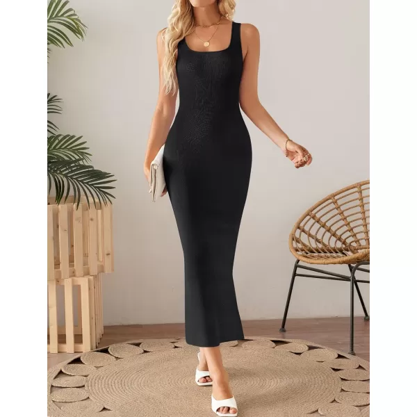 imageZESICA Womens 2024 Summer Square Neck Bodycon Midi Dresses Spring Casual Sleeveless Side Slit Knit Sweater DressBlack