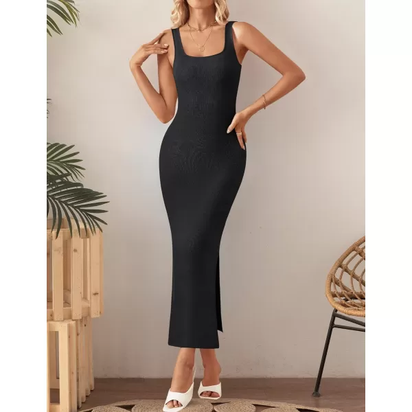 imageZESICA Womens 2024 Summer Square Neck Bodycon Midi Dresses Spring Casual Sleeveless Side Slit Knit Sweater DressBlack