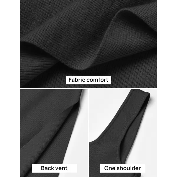 imageZESICA Womens 2024 Summer Square Neck Bodycon Midi Dresses Spring Casual Sleeveless Side Slit Knit Sweater DressBlack