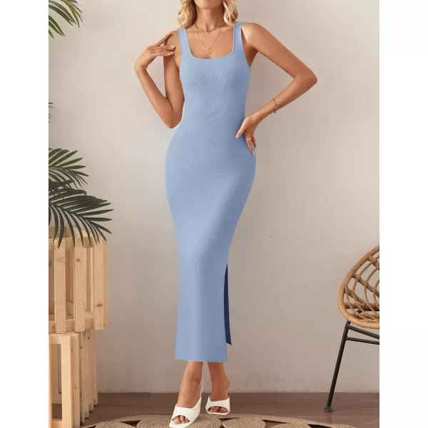 imageZESICA Womens 2024 Summer Square Neck Bodycon Midi Dresses Spring Casual Sleeveless Side Slit Knit Sweater DressBlue