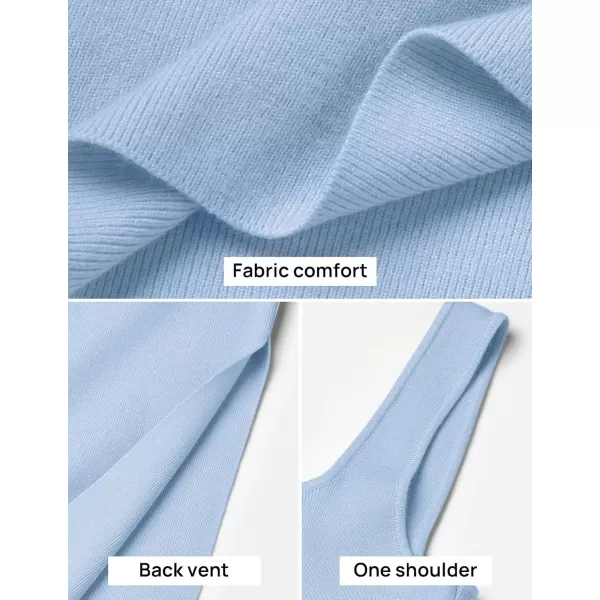 imageZESICA Womens 2024 Summer Square Neck Bodycon Midi Dresses Spring Casual Sleeveless Side Slit Knit Sweater DressBlue