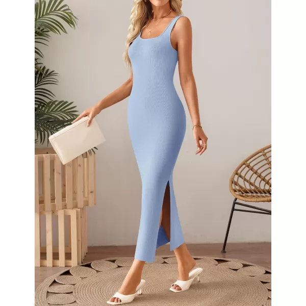 imageZESICA Womens 2024 Summer Square Neck Bodycon Midi Dresses Spring Casual Sleeveless Side Slit Knit Sweater DressBlue