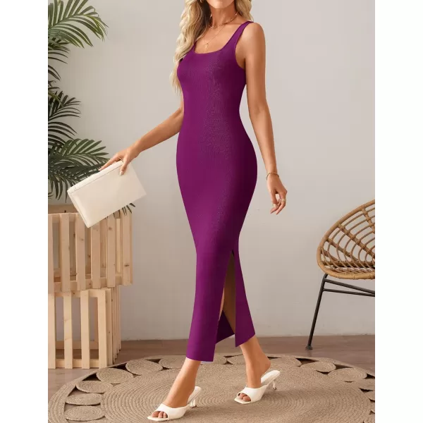 imageZESICA Womens 2024 Summer Square Neck Bodycon Midi Dresses Spring Casual Sleeveless Side Slit Knit Sweater DressFuchsia