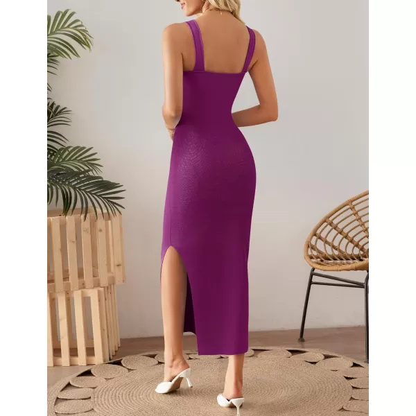 imageZESICA Womens 2024 Summer Square Neck Bodycon Midi Dresses Spring Casual Sleeveless Side Slit Knit Sweater DressFuchsia