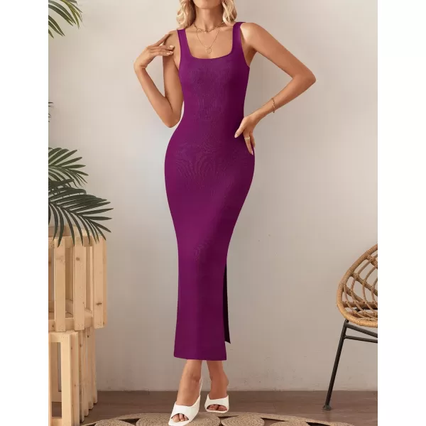 imageZESICA Womens 2024 Summer Square Neck Bodycon Midi Dresses Spring Casual Sleeveless Side Slit Knit Sweater DressFuchsia