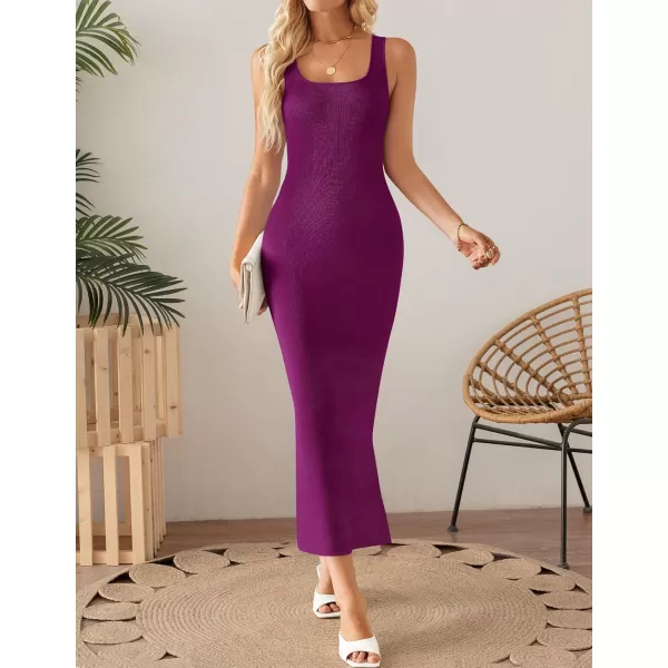 imageZESICA Womens 2024 Summer Square Neck Bodycon Midi Dresses Spring Casual Sleeveless Side Slit Knit Sweater DressFuchsia