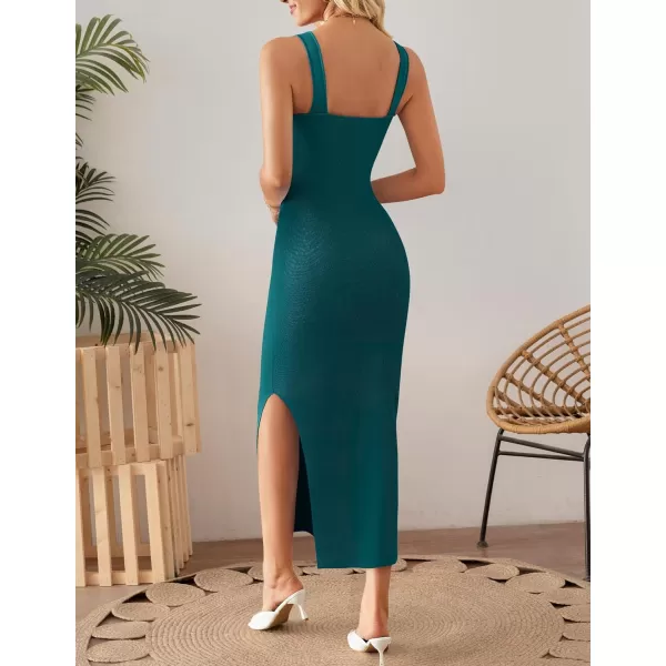 imageZESICA Womens 2024 Summer Square Neck Bodycon Midi Dresses Spring Casual Sleeveless Side Slit Knit Sweater DressGreen