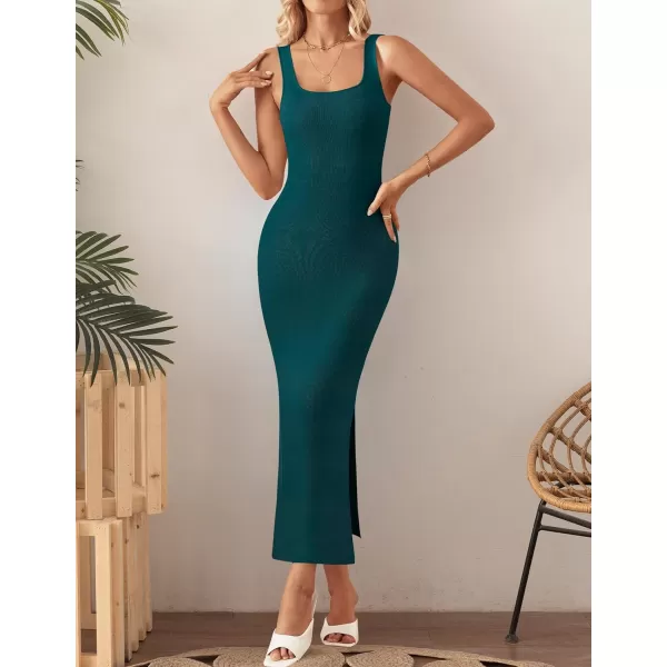 imageZESICA Womens 2024 Summer Square Neck Bodycon Midi Dresses Spring Casual Sleeveless Side Slit Knit Sweater DressGreen