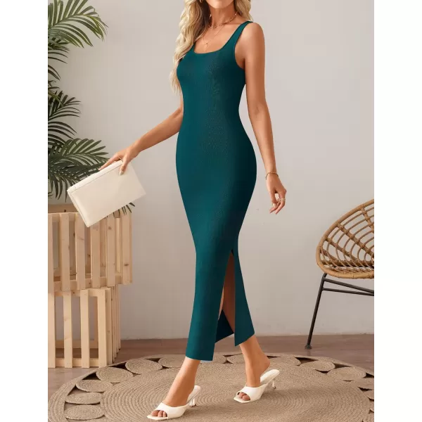 imageZESICA Womens 2024 Summer Square Neck Bodycon Midi Dresses Spring Casual Sleeveless Side Slit Knit Sweater DressGreen