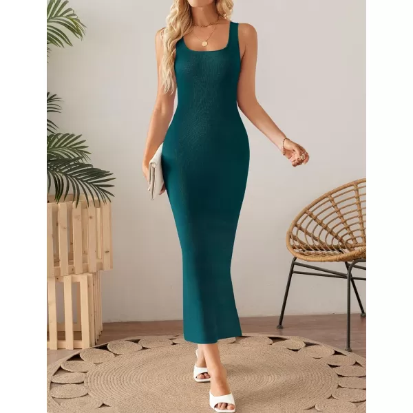 imageZESICA Womens 2024 Summer Square Neck Bodycon Midi Dresses Spring Casual Sleeveless Side Slit Knit Sweater DressGreen