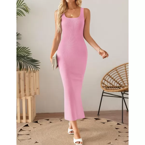 imageZESICA Womens 2024 Summer Square Neck Bodycon Midi Dresses Spring Casual Sleeveless Side Slit Knit Sweater DressPink