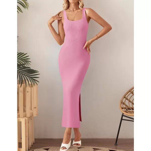 imageZESICA Womens 2024 Summer Square Neck Bodycon Midi Dresses Spring Casual Sleeveless Side Slit Knit Sweater DressPink