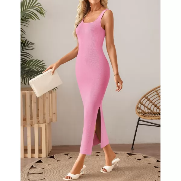 imageZESICA Womens 2024 Summer Square Neck Bodycon Midi Dresses Spring Casual Sleeveless Side Slit Knit Sweater DressPink