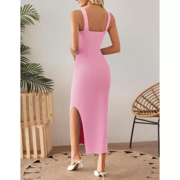 imageZESICA Womens 2024 Summer Square Neck Bodycon Midi Dresses Spring Casual Sleeveless Side Slit Knit Sweater DressPink