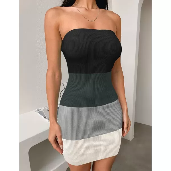 imageZESICA Womens 2024 Summer Strapless Bodycon Dress Sexy Off Shoulder Backless Color Block Y2k Tube Top Mini DressesBlack