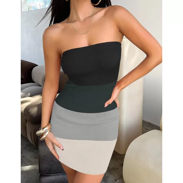 imageZESICA Womens 2024 Summer Strapless Bodycon Dress Sexy Off Shoulder Backless Color Block Y2k Tube Top Mini DressesBlack