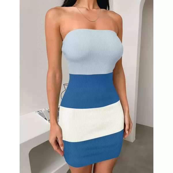imageZESICA Womens 2024 Summer Strapless Bodycon Dress Sexy Off Shoulder Backless Color Block Y2k Tube Top Mini DressesBlue